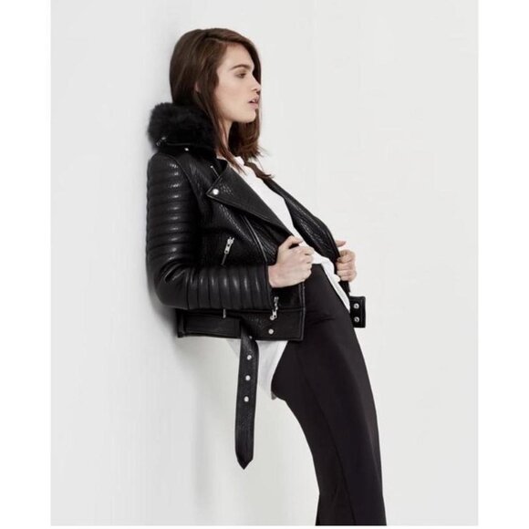 The Arrivals Ranier Pebbled Lamb Leather Jacket w/ Removable Fur Collar, XS - Picture 3 of 16